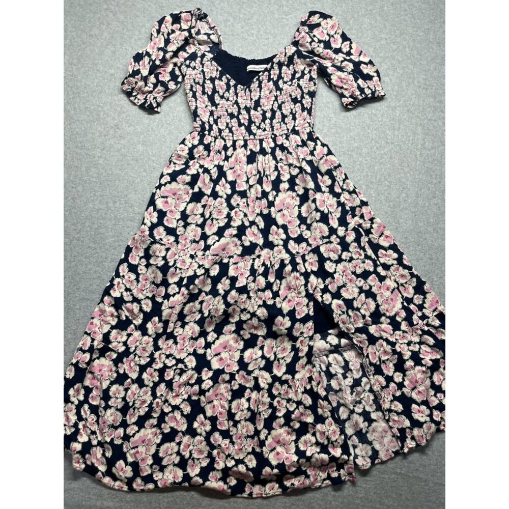 Abercrombie & Fitch Floral Midi Dress Women's Small Navy Pink Puff Sleeve
